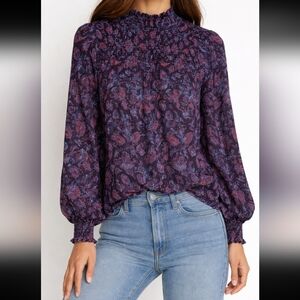 Joie Womens Blouse Purple Paisley Long Bishop Sleeve Mock Neck Smocked Medium